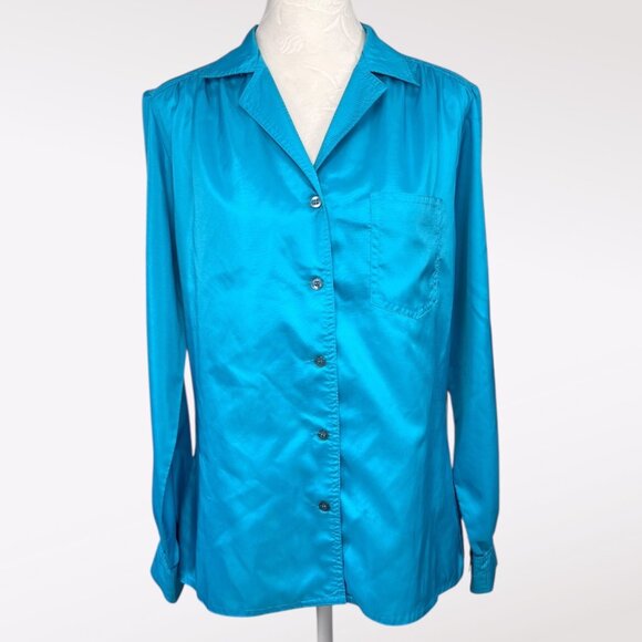 Vintage Gil & Co Blue Satin Button Up Blouse Long Sleeve Size Small - Picture 1 of 10